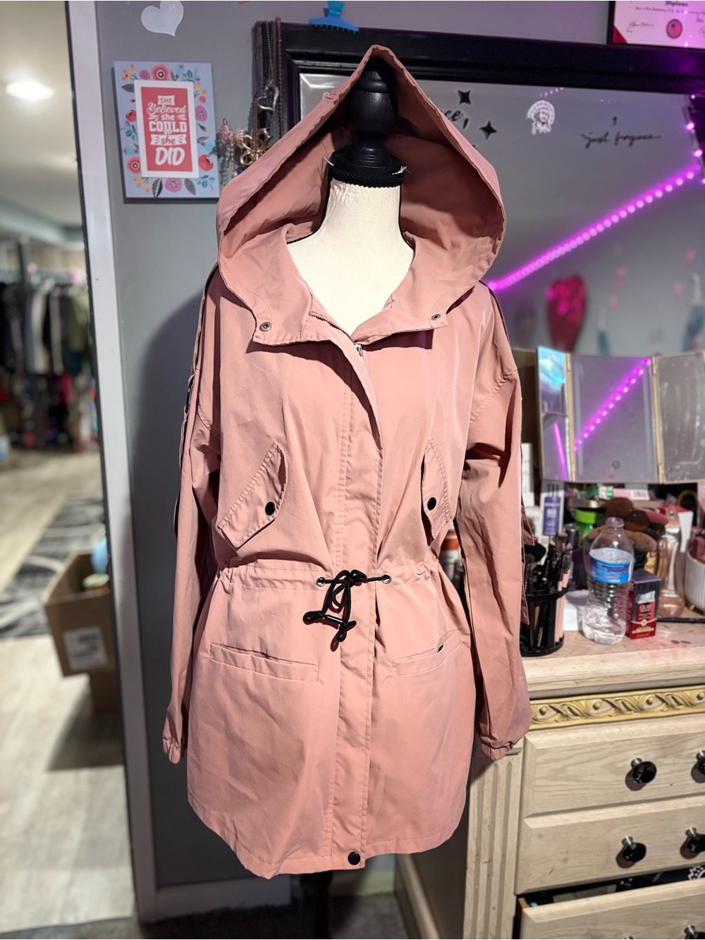 NWOT Bohoo Hooded Anorak Parka Jacket with Pockets -Dusty Rose & Beauty Gift Bag